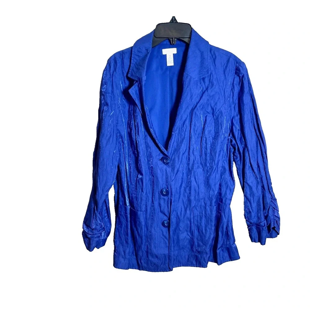 Chico's Blazer Jacket Womens Large Blue Metallic Long Sleeve‎ 3 Buttons Formal